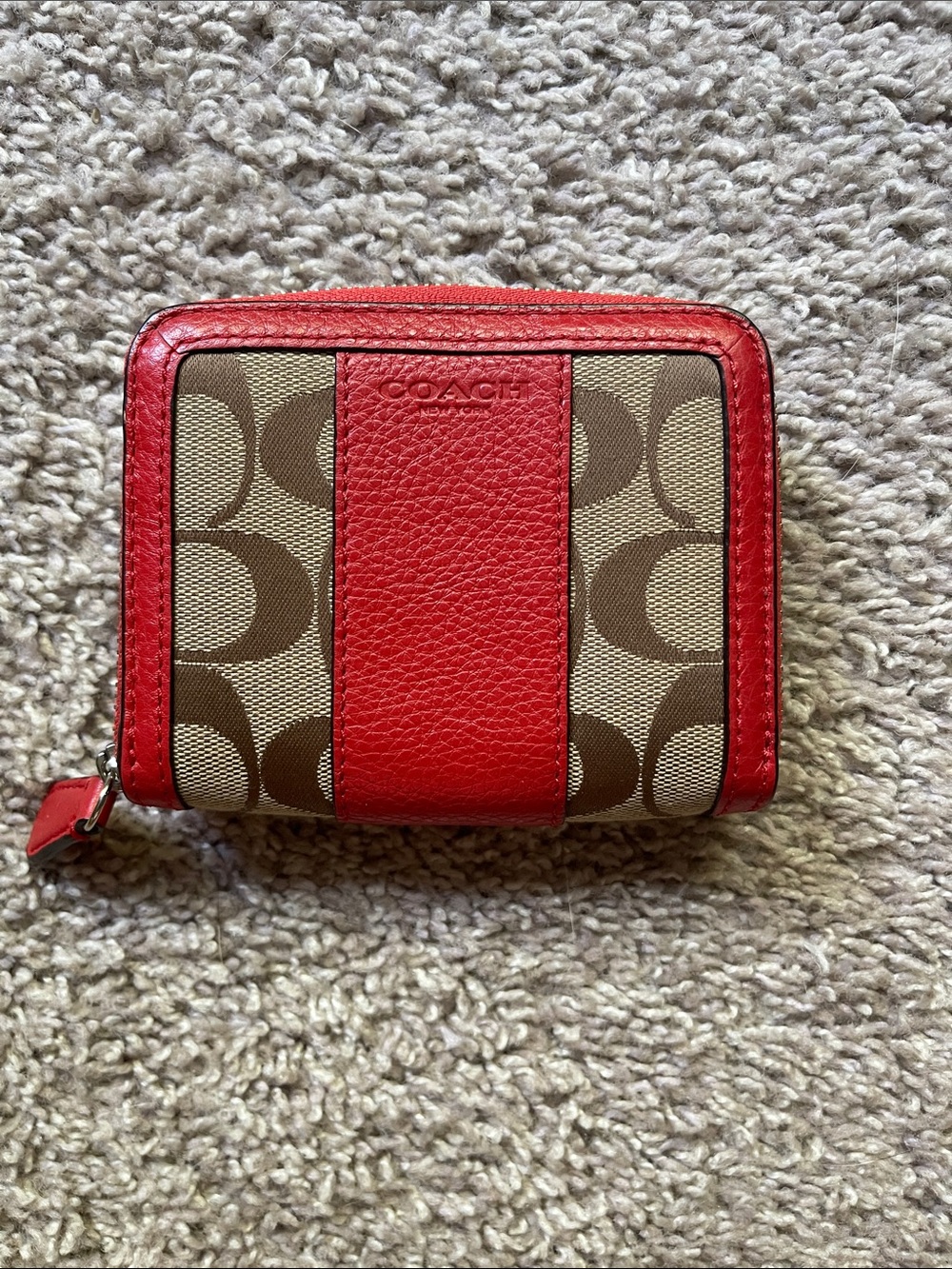 Coach Red and Brown Signature Zip Card Holder